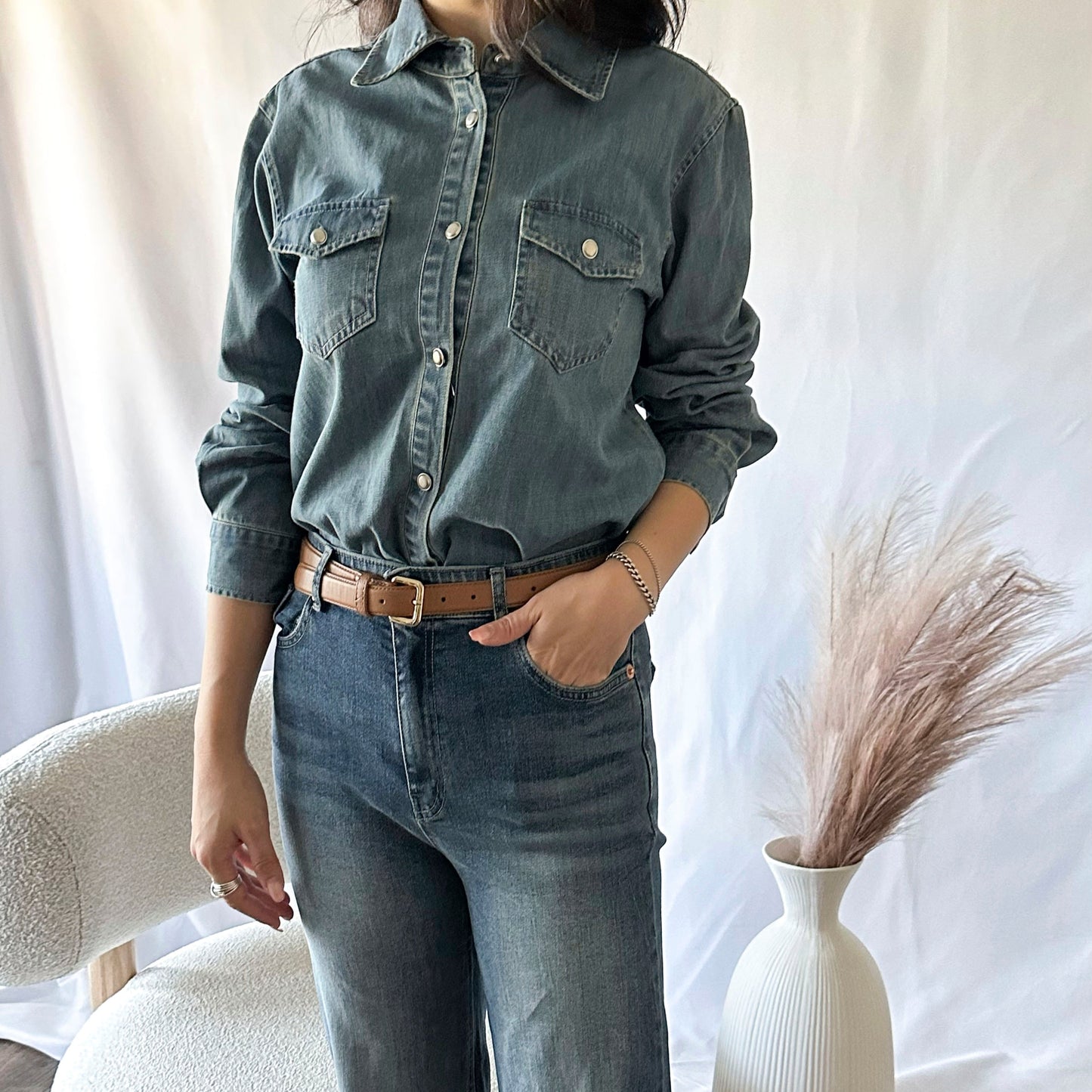 Premium Washed Denim Shirt with Button Detail
