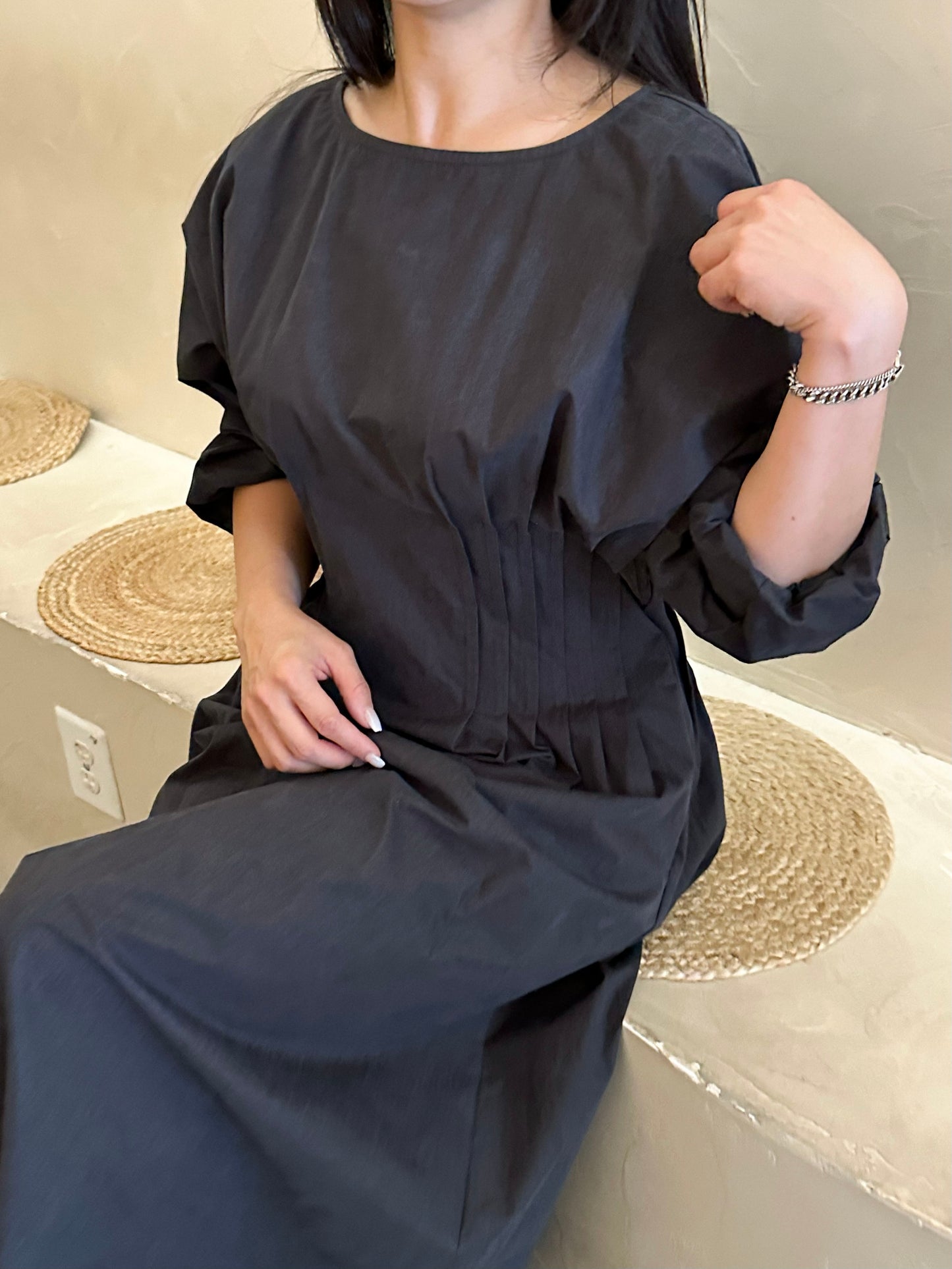 Elegant Pin-Tuck Puff Sleeve Dress