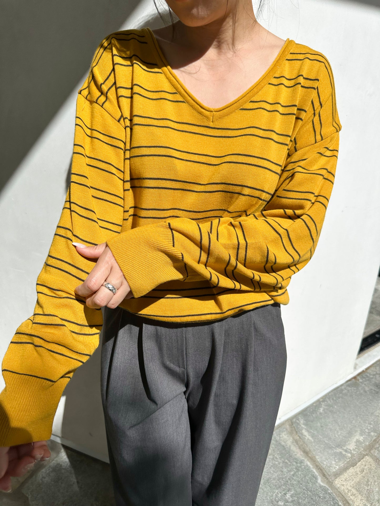 Striped V-Neck Knit Sweater