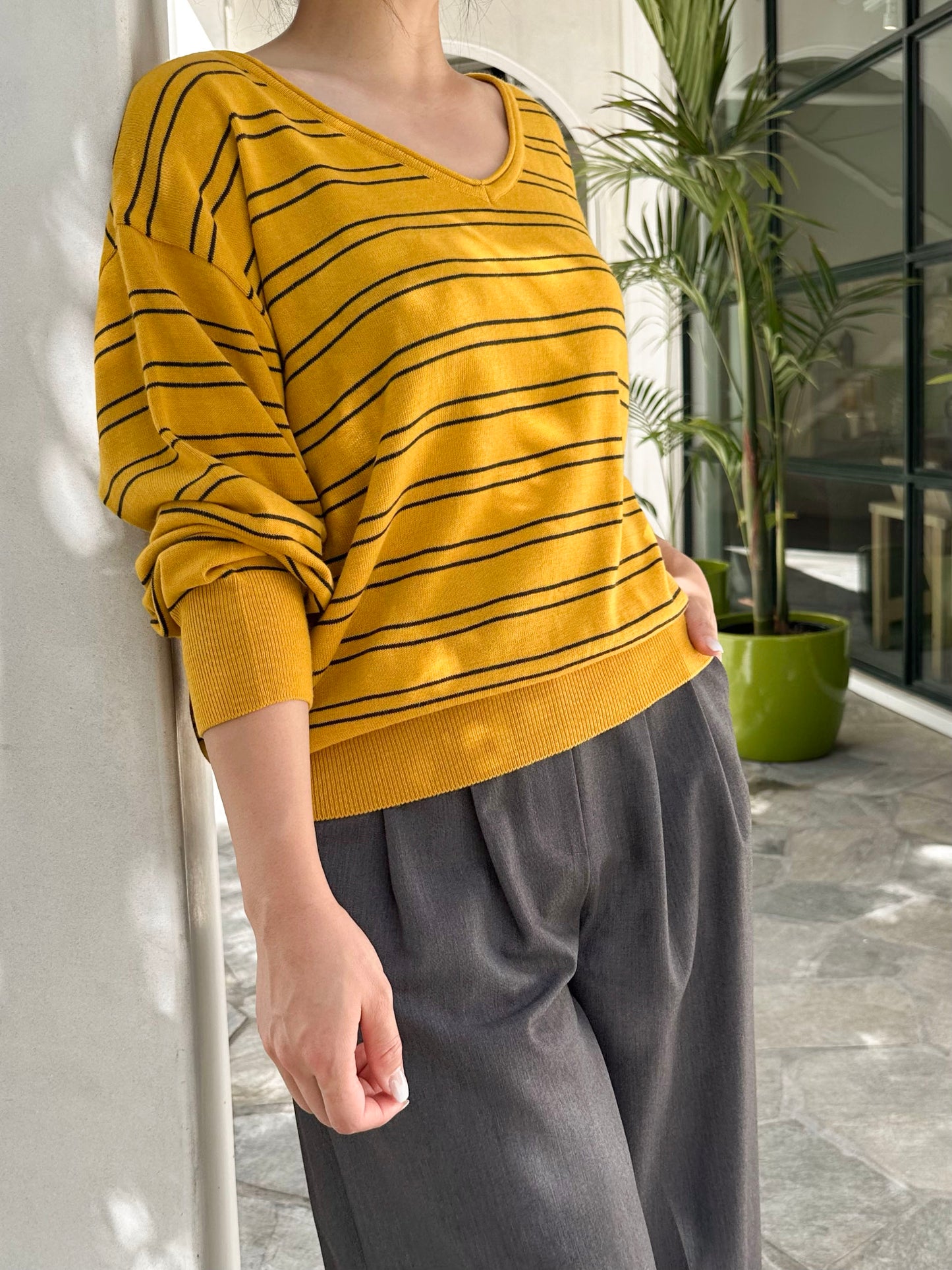 Striped V-Neck Knit Sweater