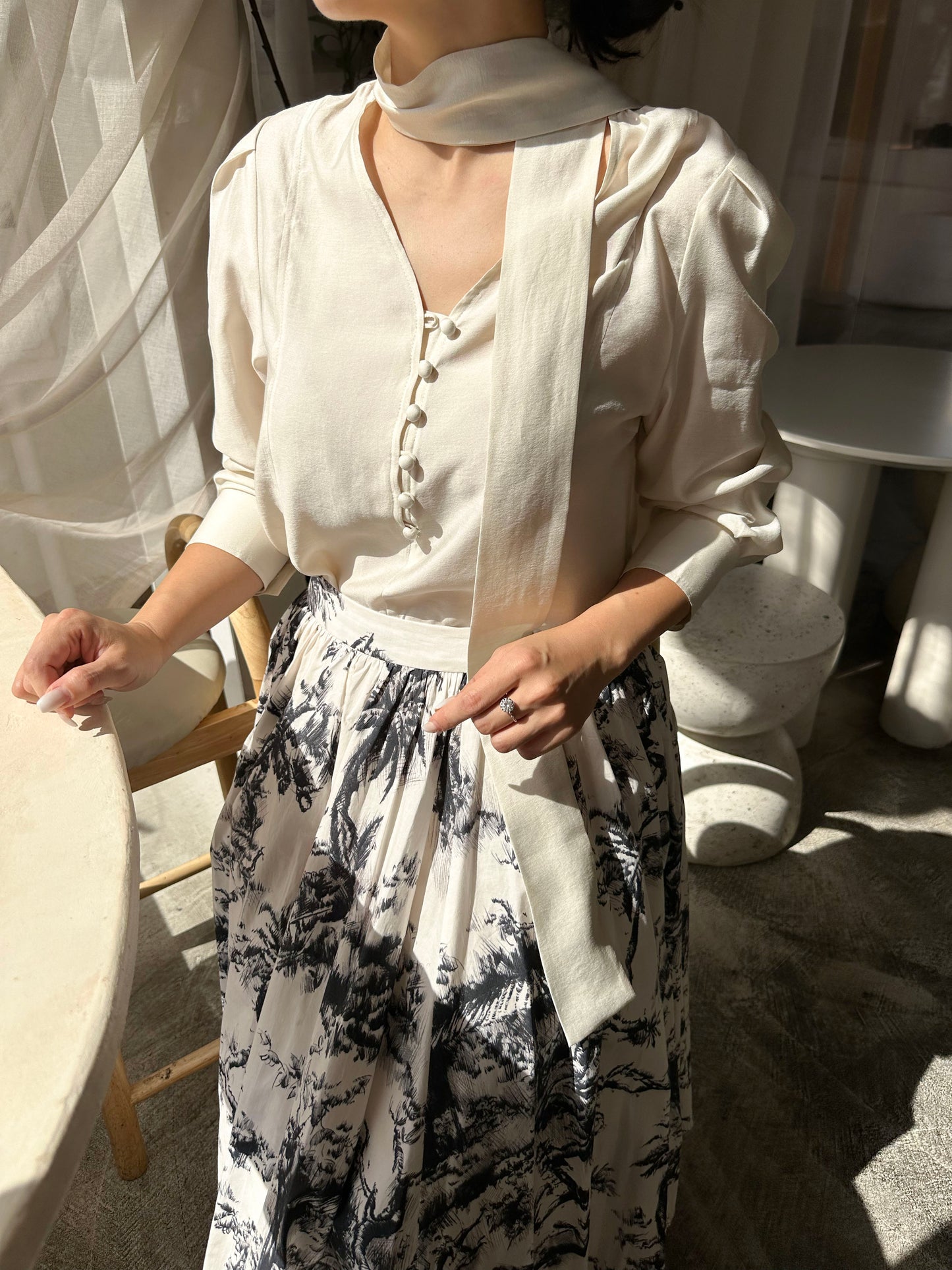 Silky Scarf-Tie Blouse