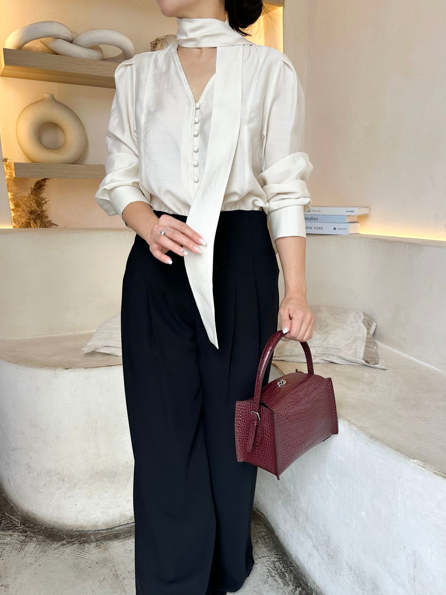 Silky Scarf-Tie Blouse