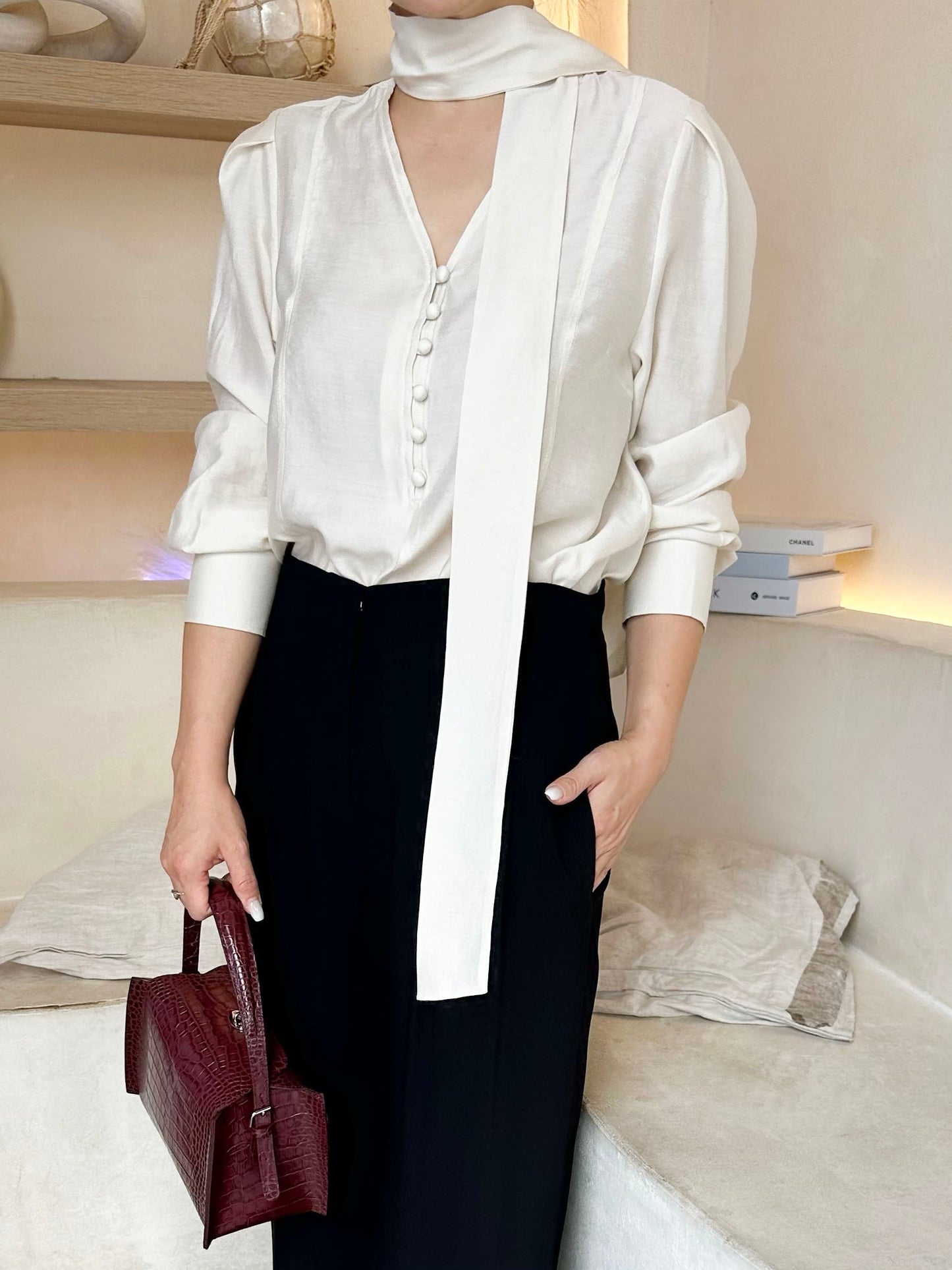 Silky Scarf-Tie Blouse