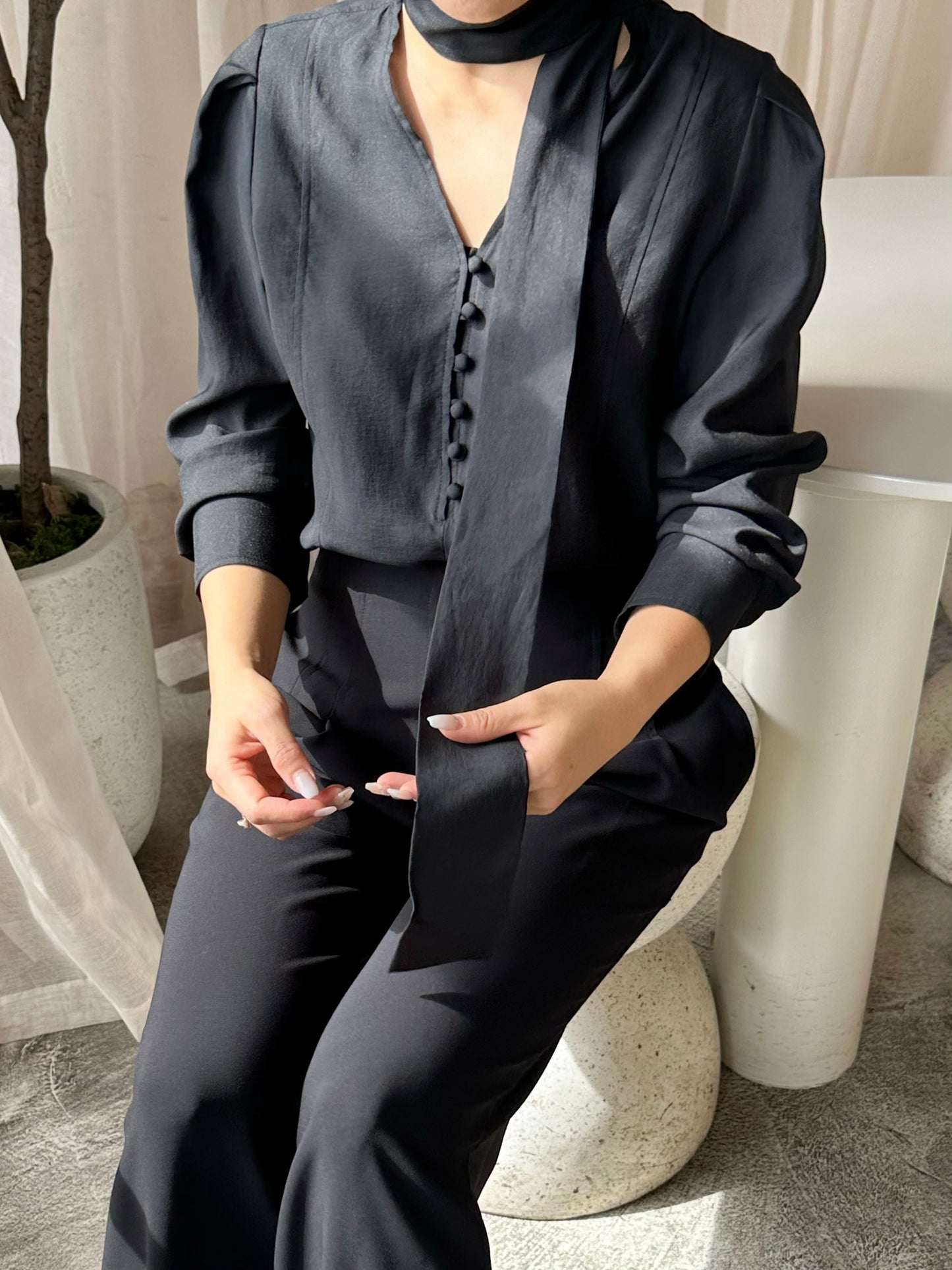 Silky Scarf-Tie Blouse