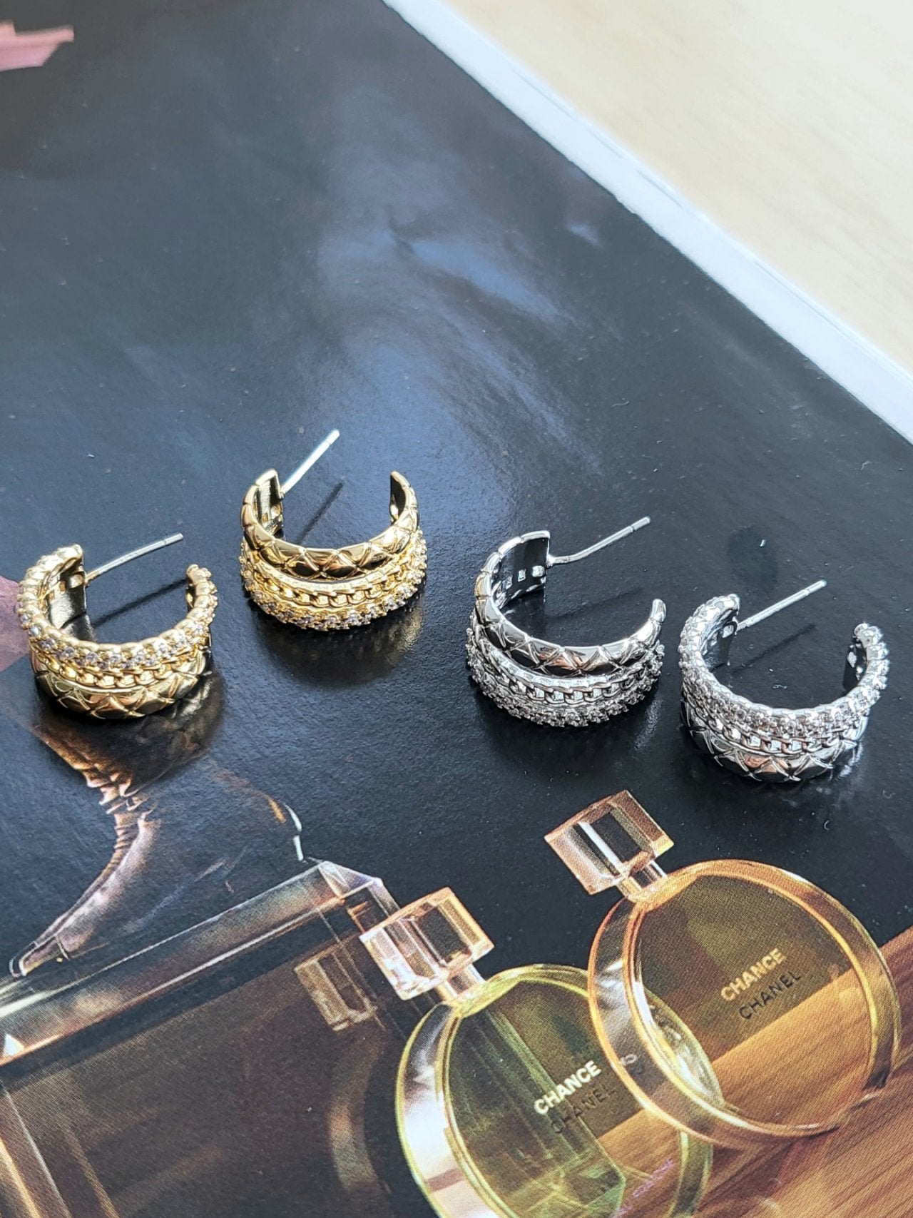 Quilted Chain Hoop Earrings - Sterling Silver 925