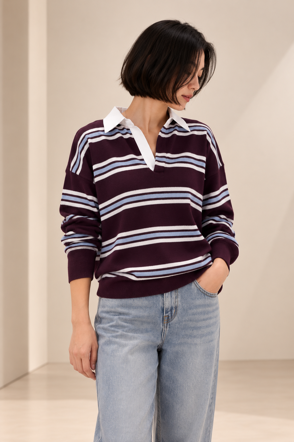 Contrast Collar Stripe Knit