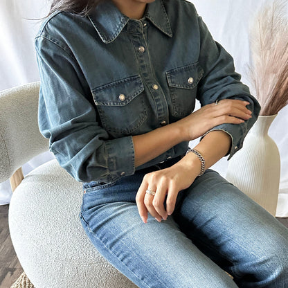 Premium Washed Denim Shirt with Button Detail