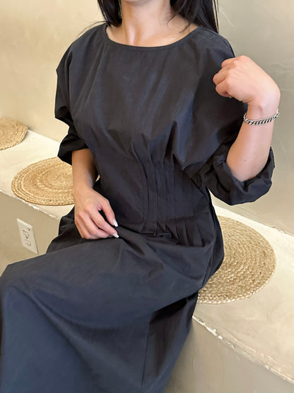 Elegant Pin-Tuck Puff Sleeve Dress