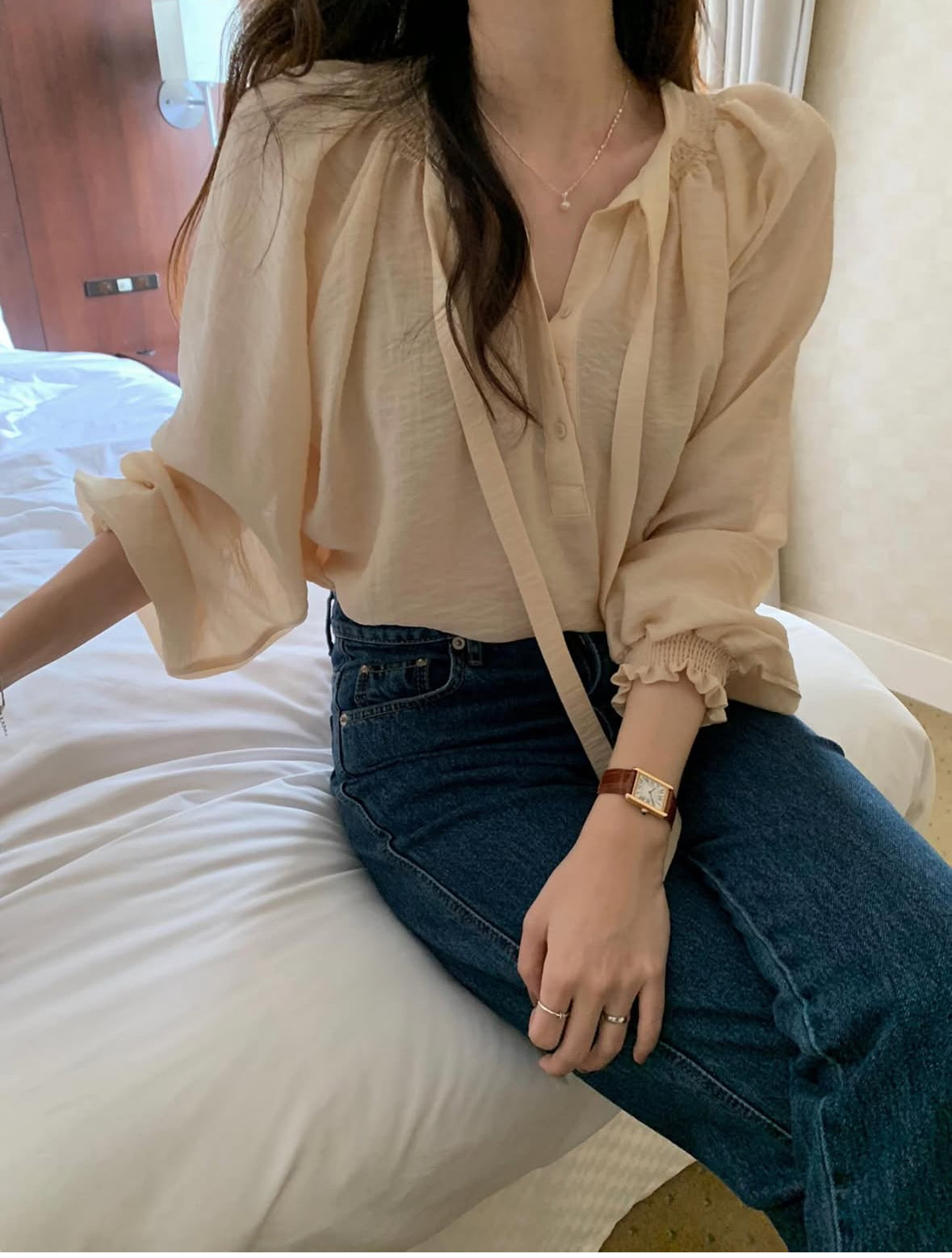 Ribbon Shirring Blouse