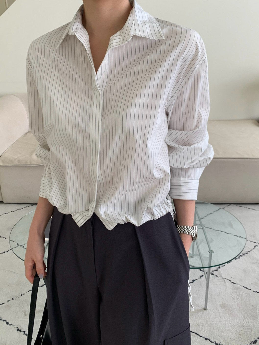 Stripe Drawstring Hem Shirt