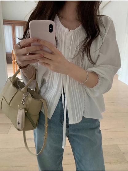 Lace Trim Pleated Blouse