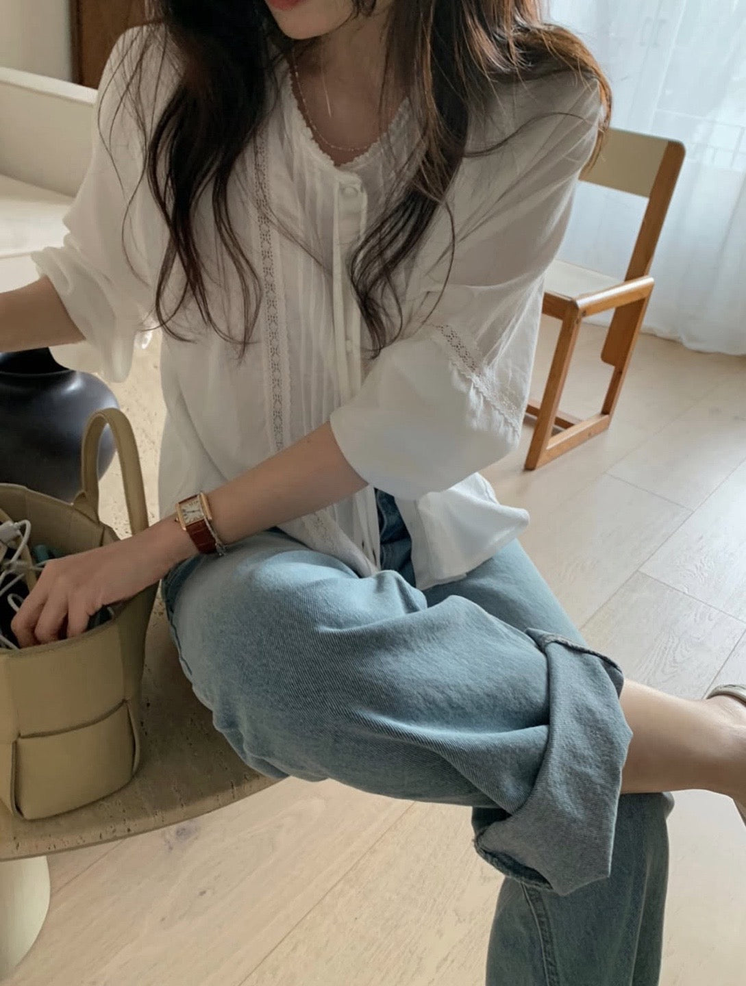 Lace Trim Pleated Blouse