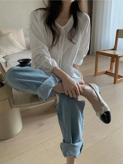 Lace Trim Pleated Blouse