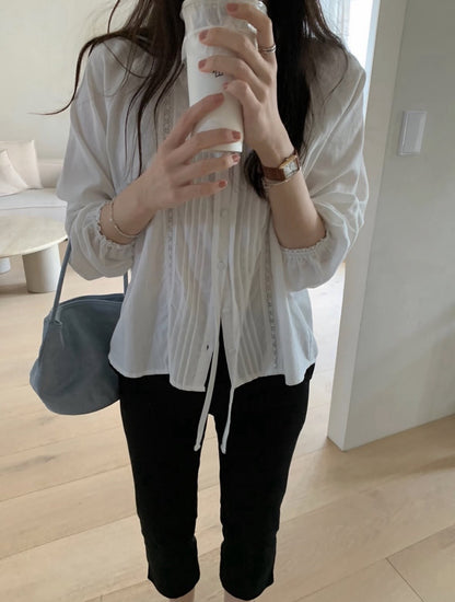 Lace Trim Pleated Blouse