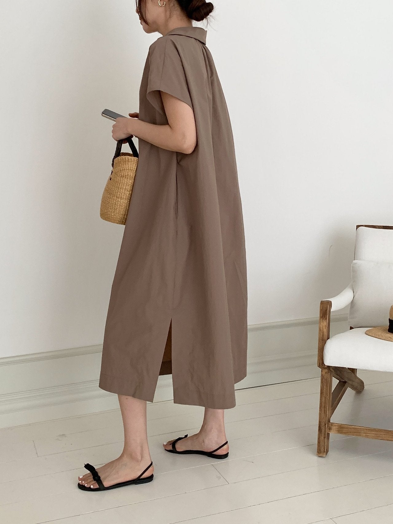 Open Collar Side Slit Dress