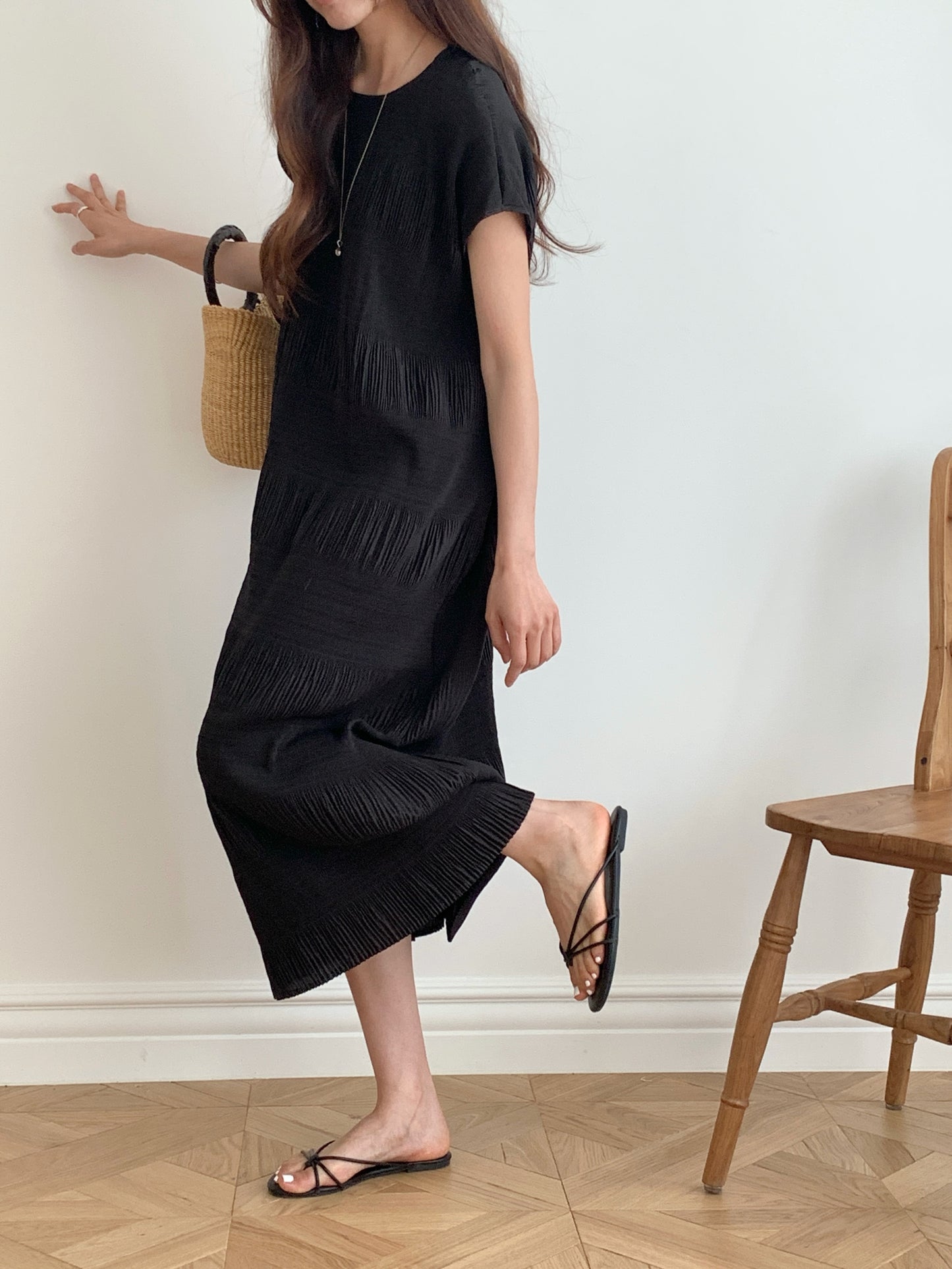 Pleated Textured Midi Dress