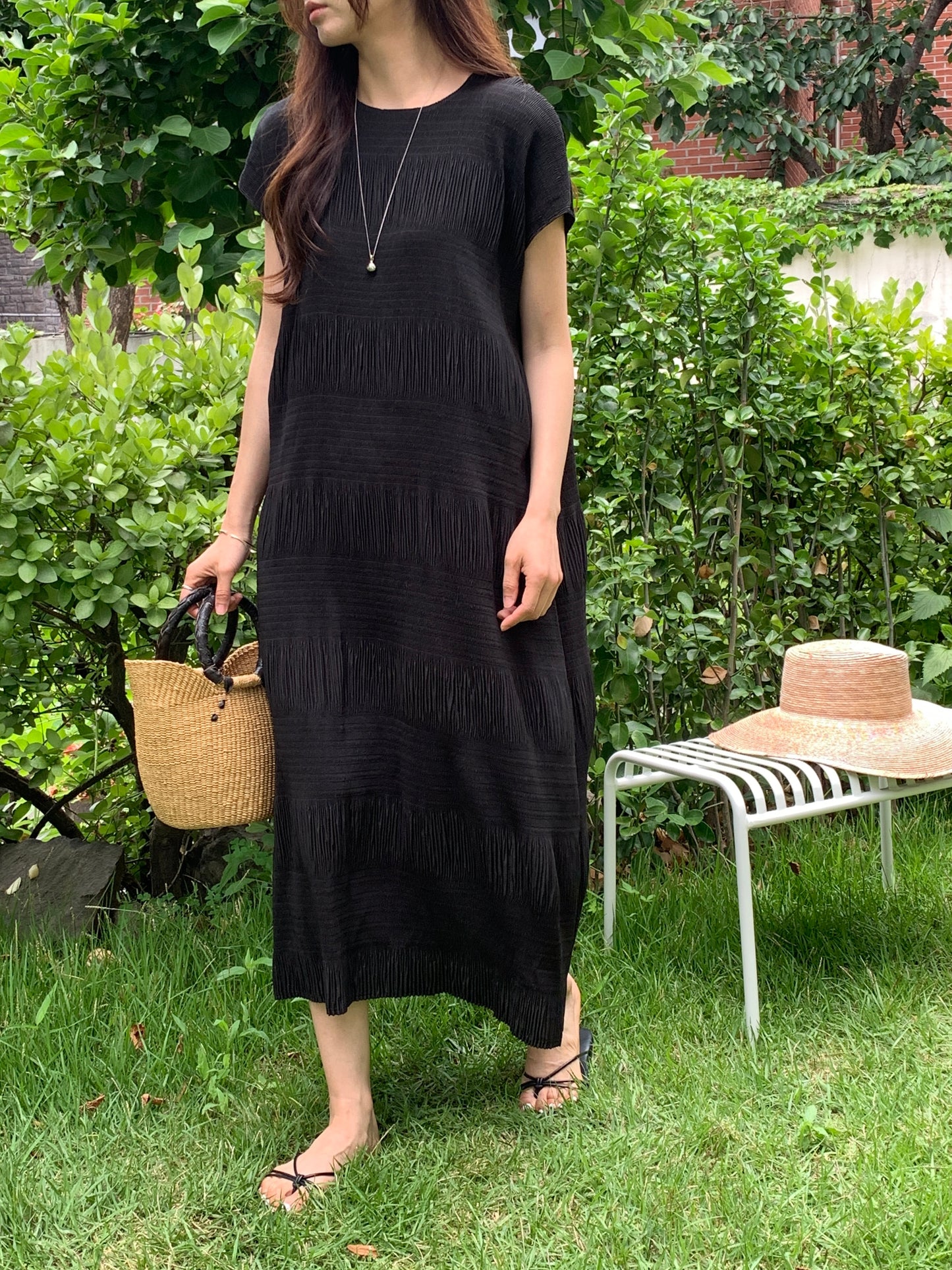 Pleated Textured Midi Dress