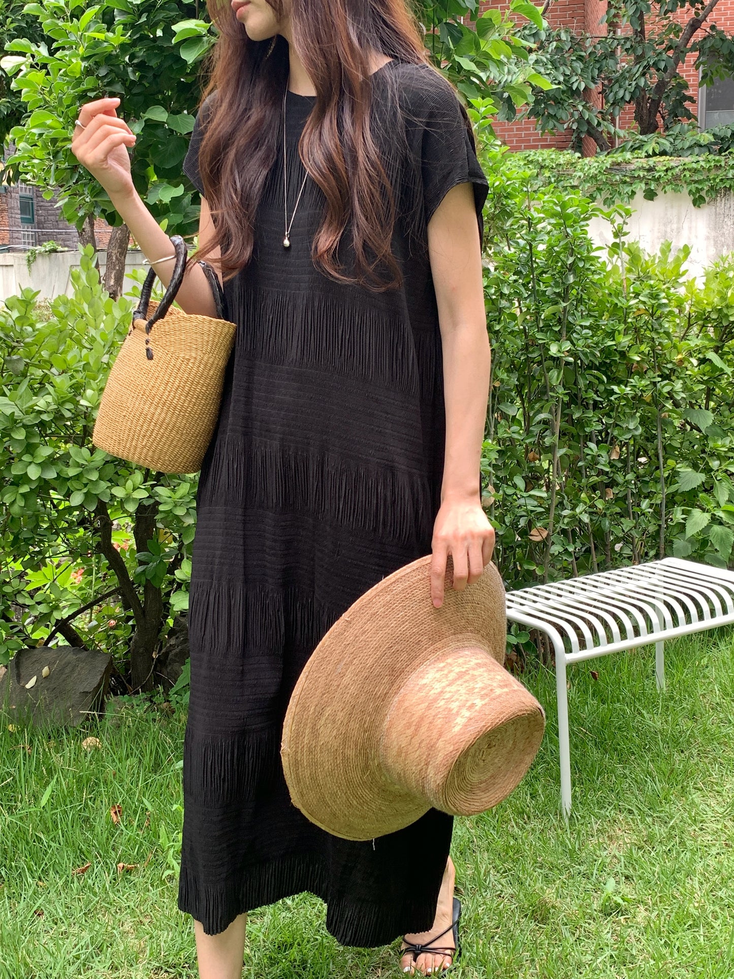 Pleated Textured Midi Dress