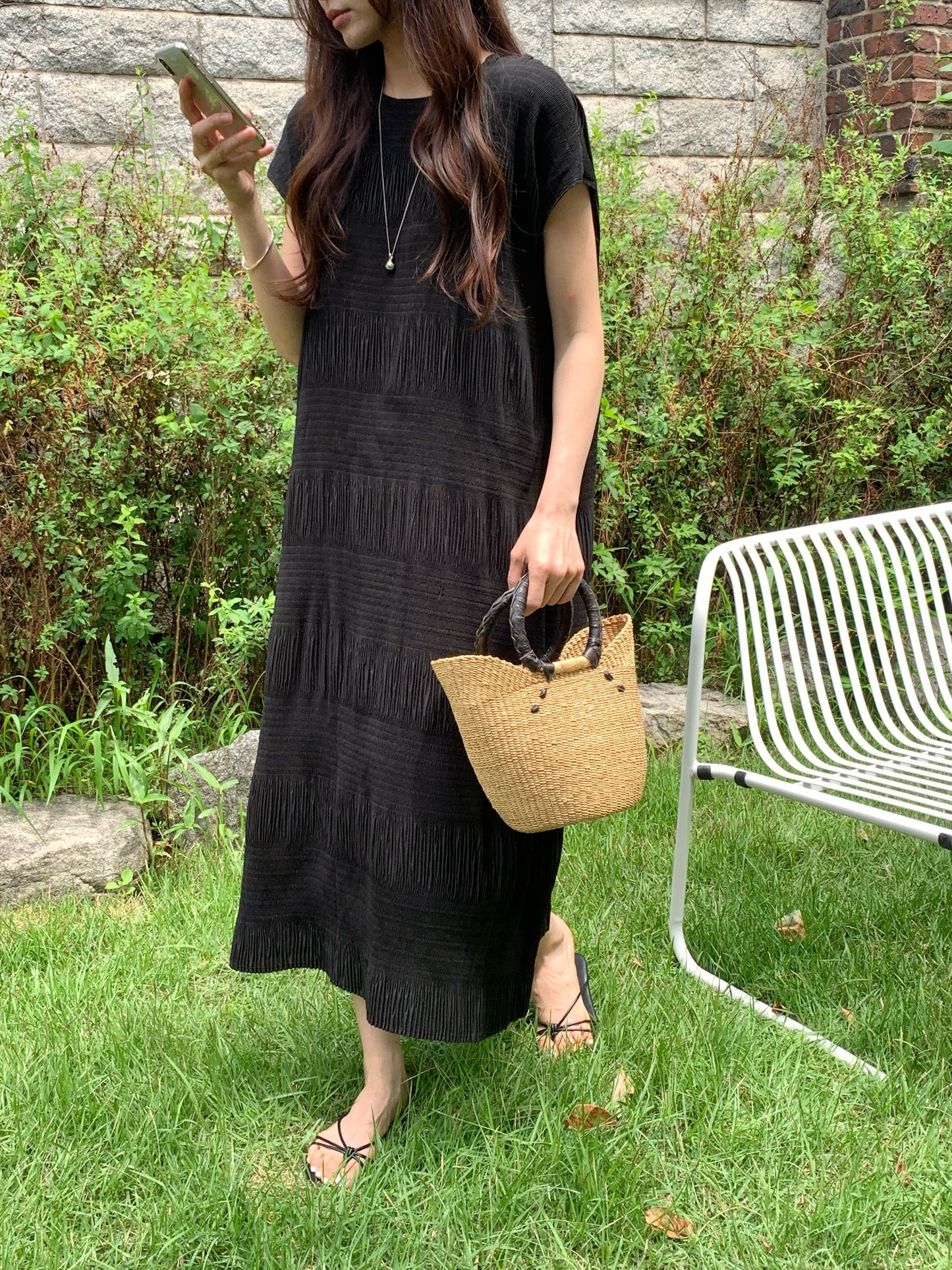 Pleated Textured Midi Dress