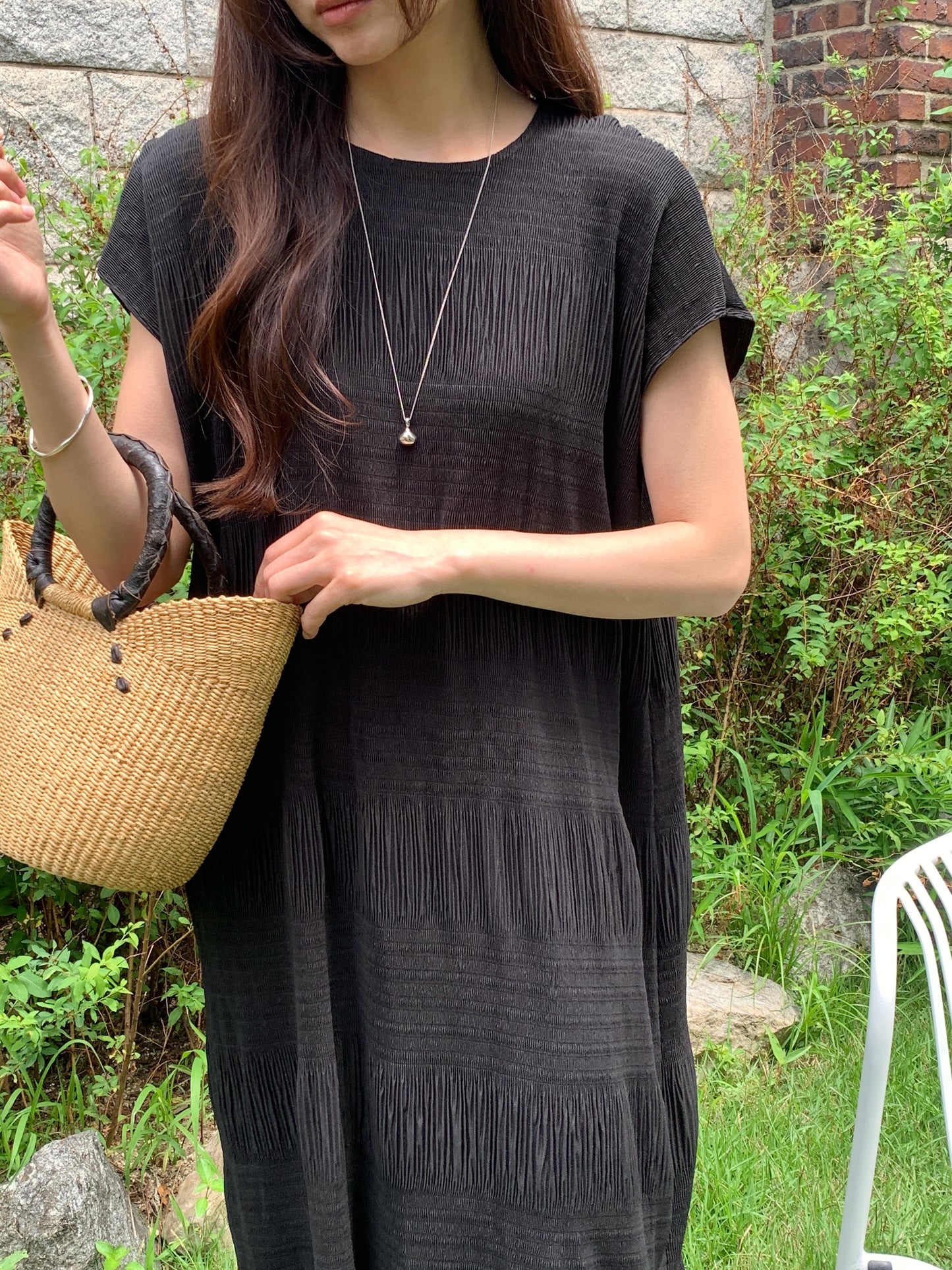 Pleated Textured Midi Dress