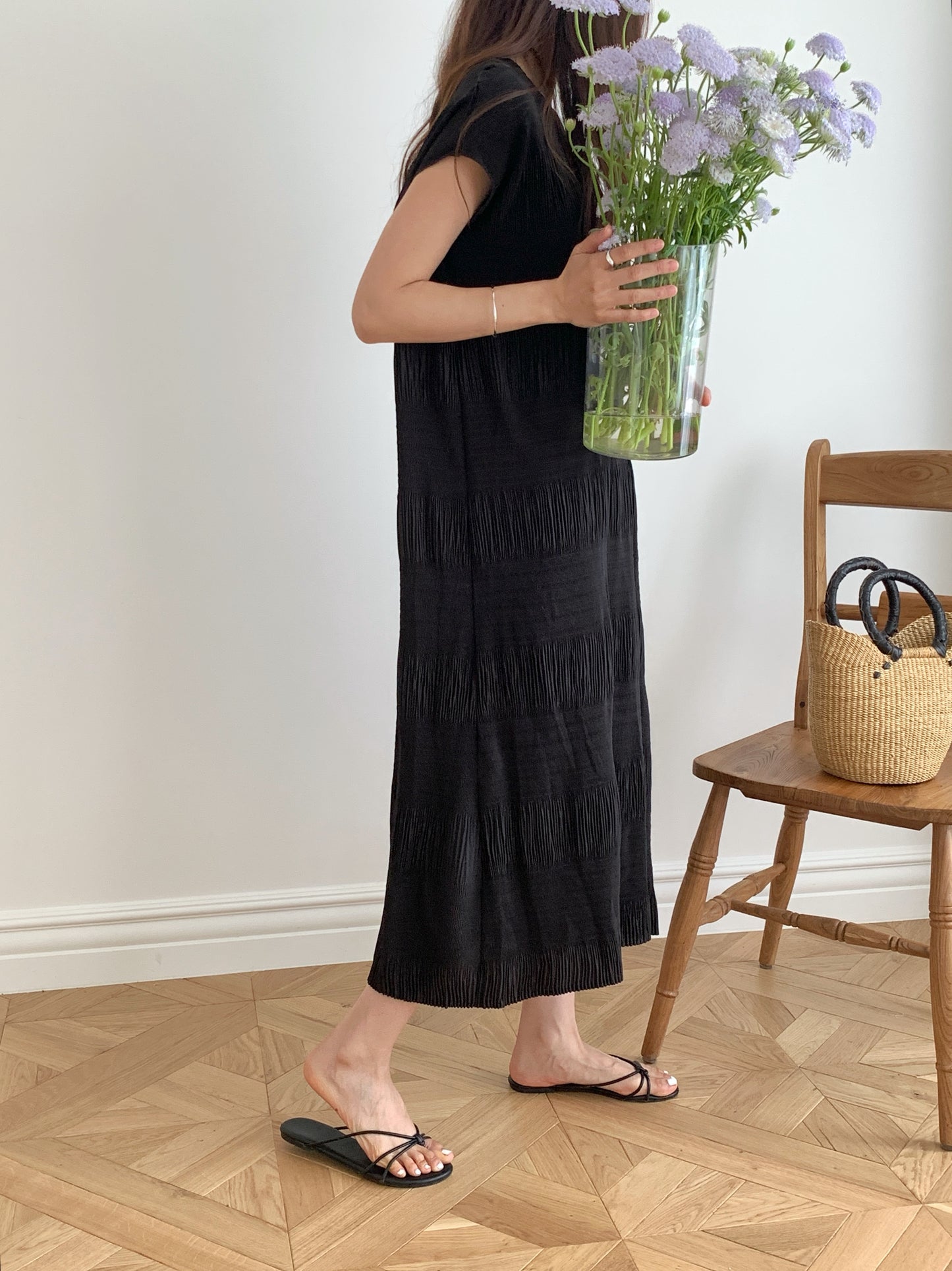Pleated Textured Midi Dress