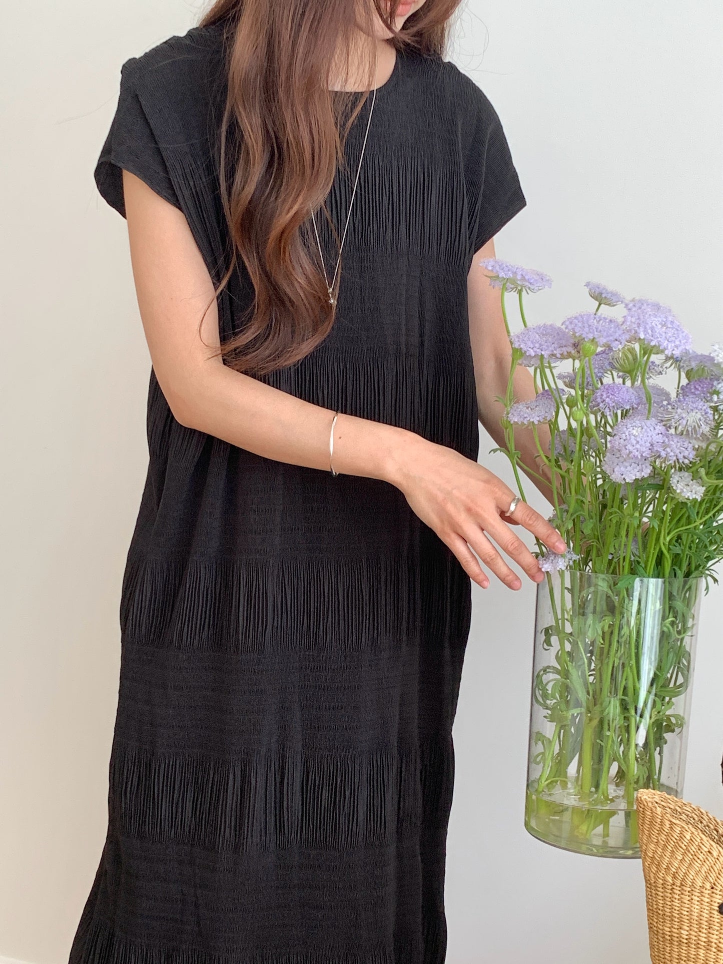 Pleated Textured Midi Dress