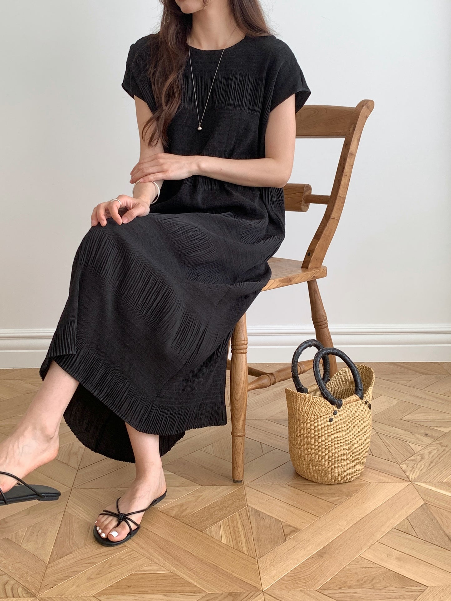 Pleated Textured Midi Dress