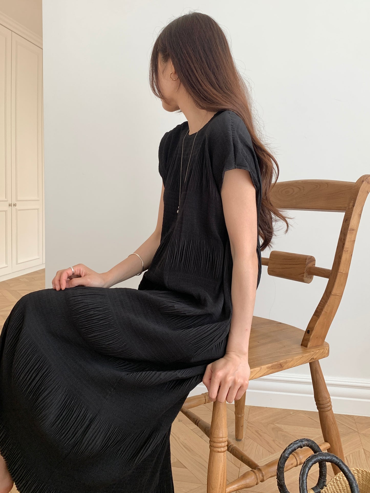 Pleated Textured Midi Dress