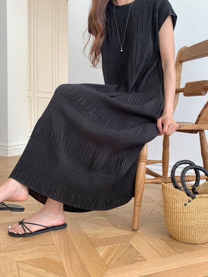 Pleated Textured Midi Dress
