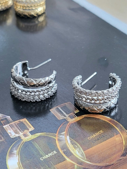 Quilted Chain Hoop Earrings - Sterling Silver 925
